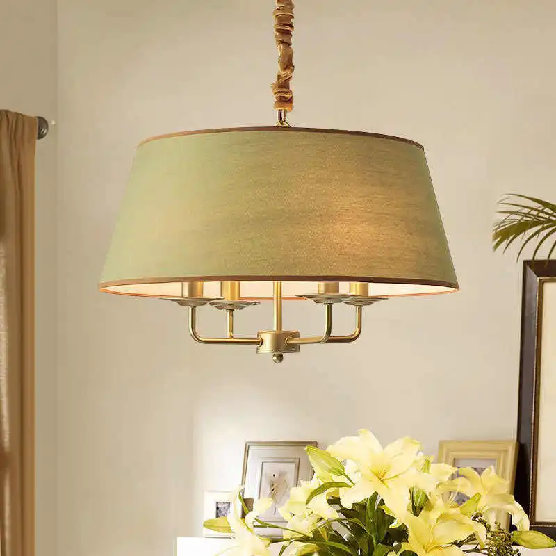 American Vintage Fabric Chandelier Copper Iron Green Lampshade E14 LED for Living Room Wedding Hotel Home Decor
