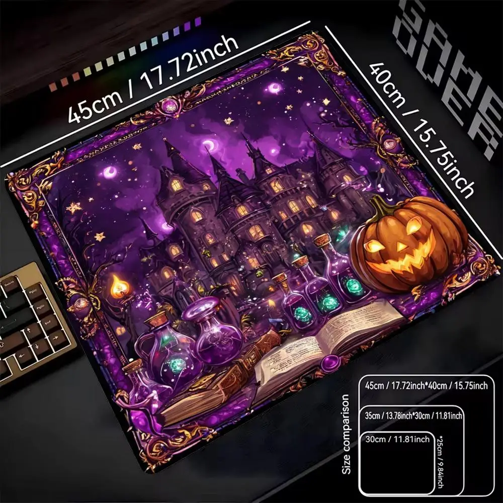 Mystic Purple Halloween Castle Square Mouse Pad Non‑Slip Rubber Desk Mat Glowing Pumpkin Magic Art for Laptop Keyboard Setup