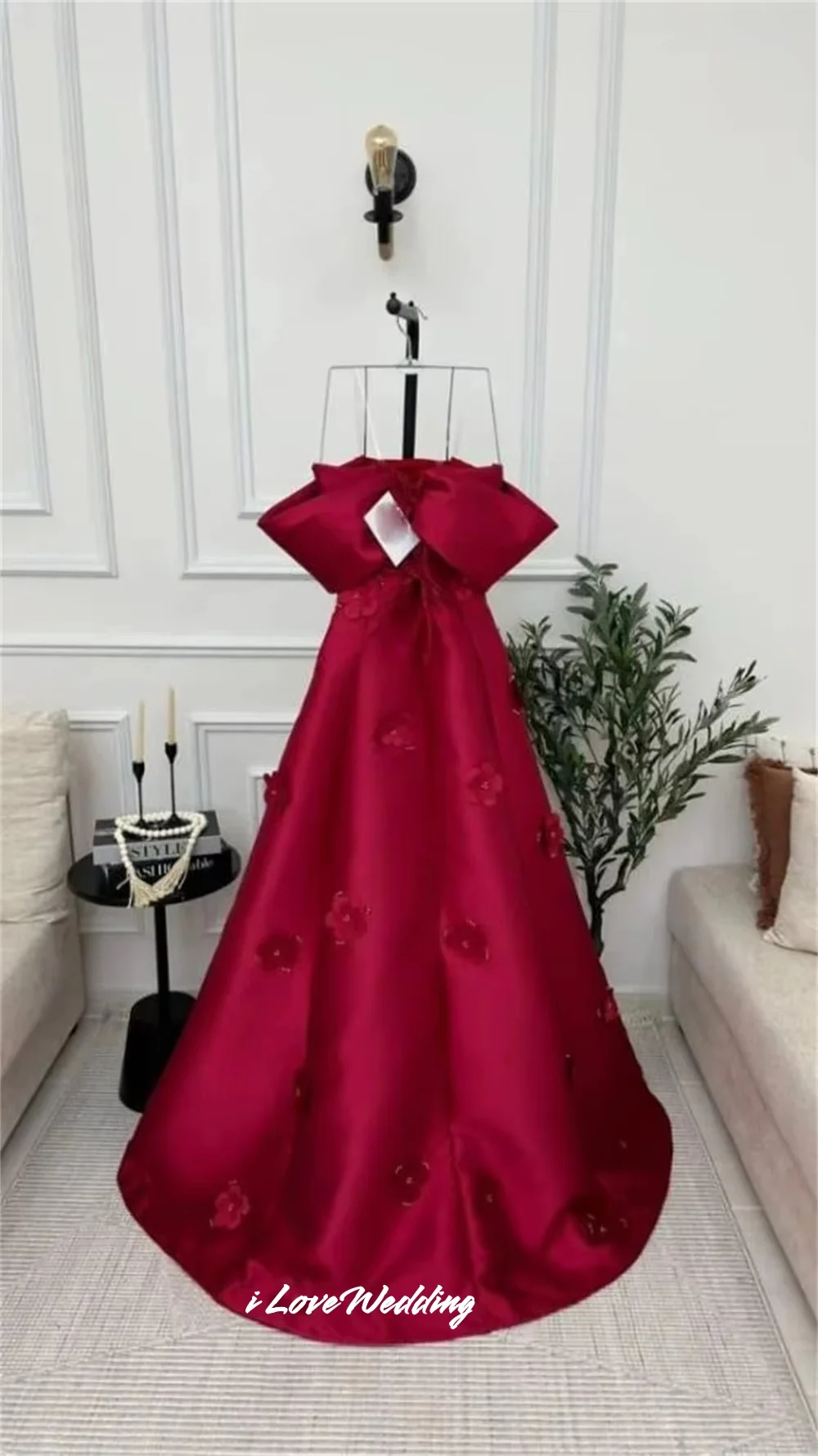 Red Strapless Prom Dresses 2025 Satin Off Shoulder 3D Flower A-Line Floor-Length Evening Dress Wedding Party Dresses Customized