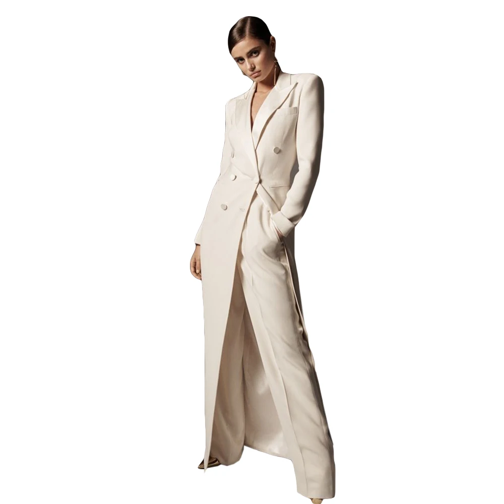 White Double Breasted Blazer Suits Ankle Length X Long Coat Wide Leg Pants Loose Celebrity 2 Pieces Set Custom Made