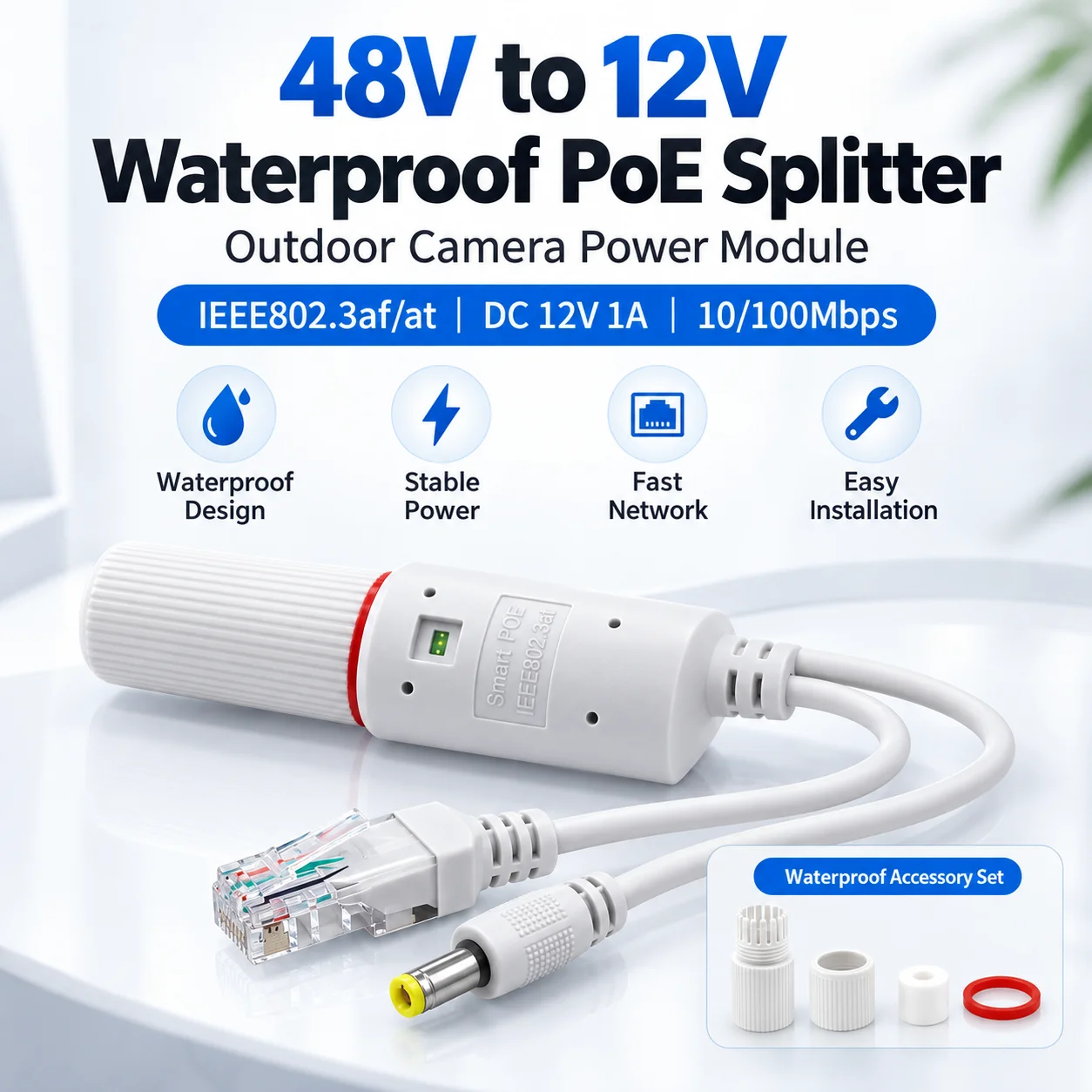 48V to 12V Waterproof PoE Splitter IEEE802.3af/at 12V 1A 12W 10/100Mbps 5.5x2.1mm Power Adapter for IP Camera CCTV