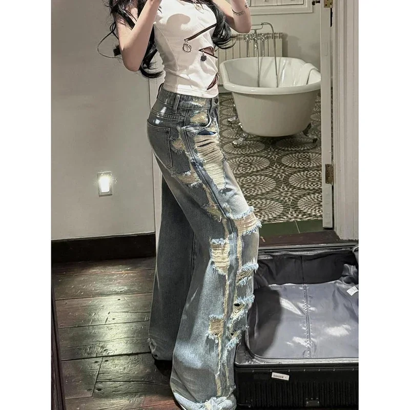 

Женские винтажные синие рваные джинсы с высокой талией, прямые мешковатые джинсовые брюки, уличная одежда Y2K, широкие джинсовые брюки в американском стиле ретро
