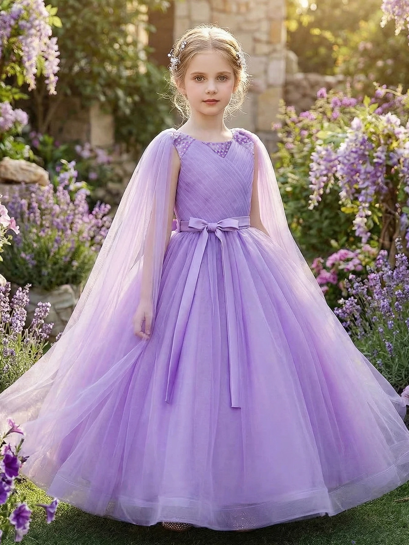 Elegant Purple Long Dress for Tween Girl,A Formal Gown Featuring Flowing Veil Belt Bow Decoration,Wedding,Birthday Party,Banquet