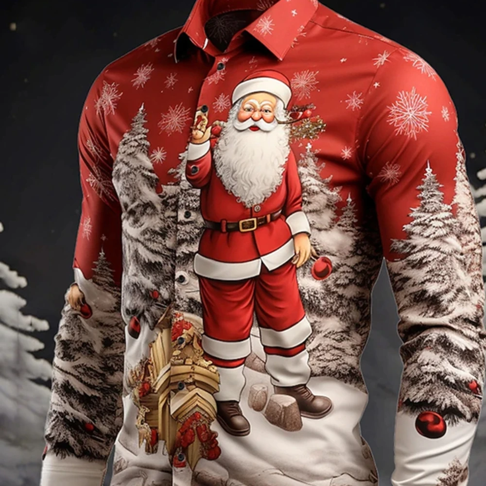 Daily Wear Going Out Fall Winter Turndown Long Sleeve  Stretch Fabric Comfortable Shirt Santa Claus Pattern Casual Men's Shirt