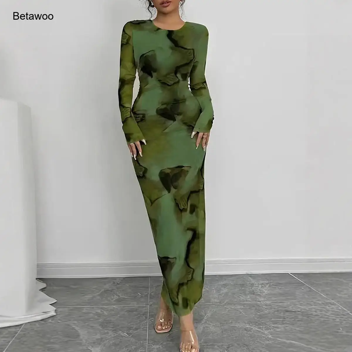 Vestido largo de manga larga con estampado Tie Dye verde para mujer, cuello redondo, ajustado, elegante, para fiesta y noche