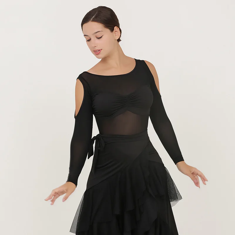 

Ballroom Dance Performance Stage Costume Black Off-Shoulder Tops Women Prom Tango Dancing Clothes Modern Dancewear DL9572