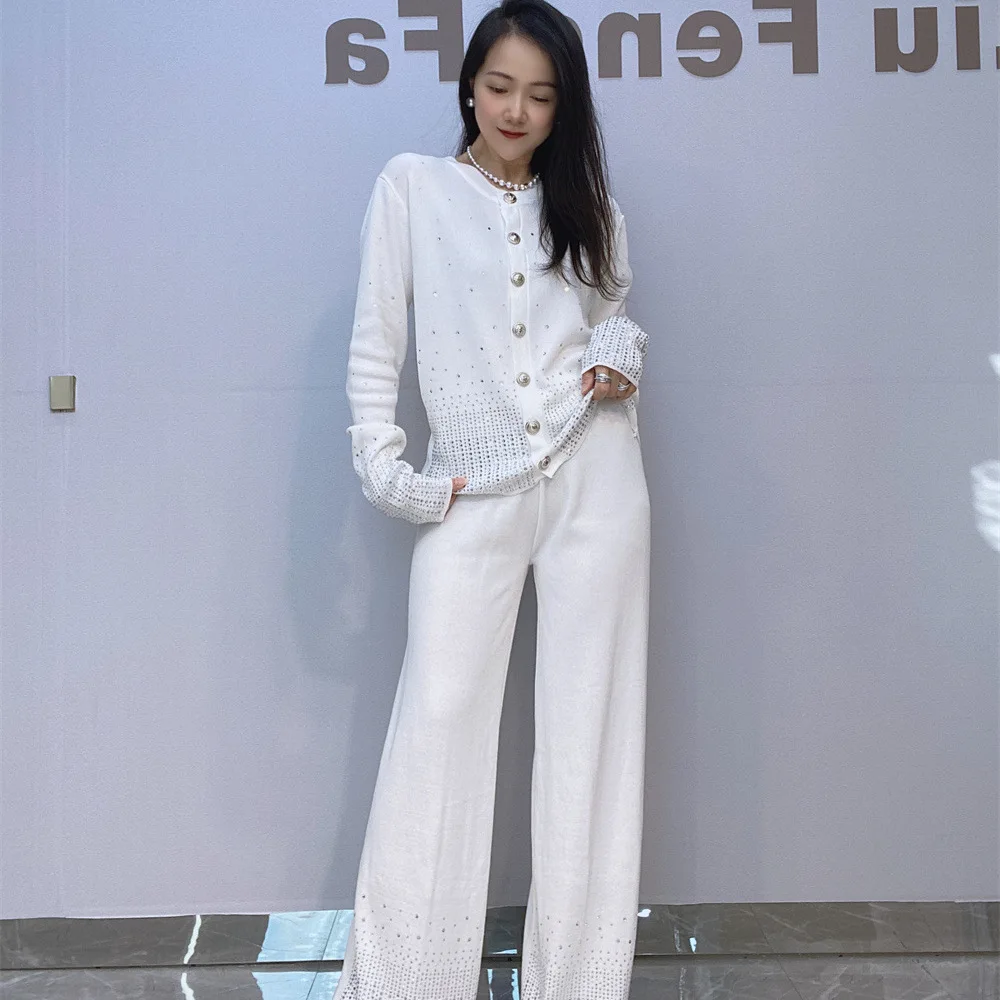 Women Diamond Beaded Knitted Cardigan Hot Drilling Rhinestones Sweater Coat Long Sleeve Knitwear Tops + Wide Legs Pants 2Pcs Set view 4