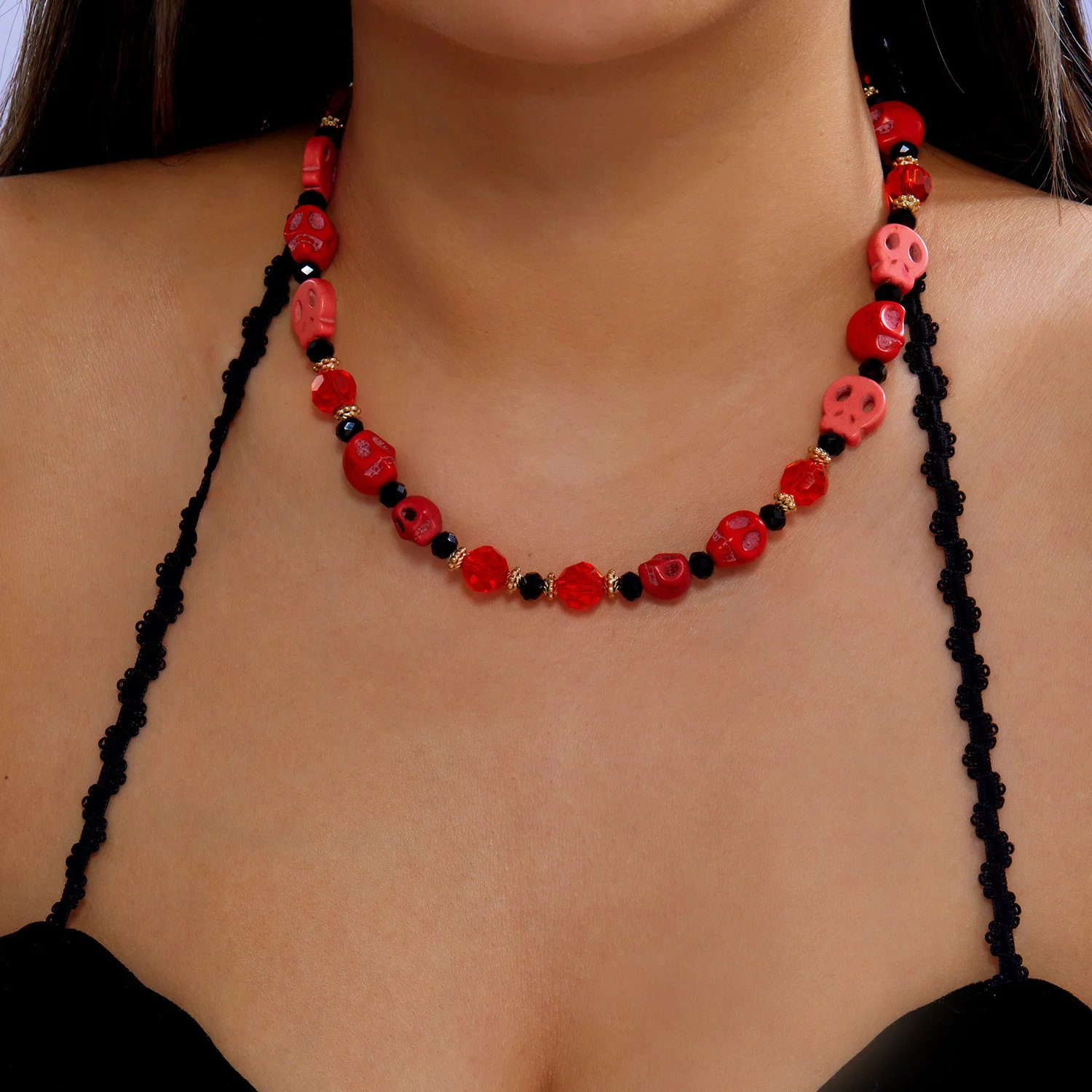 Halloween Skull Beaded Choker Necklace Orange Black Crystal Red Skull Bead Chain Gothic Punk Women Party Statement Neck Jewelry