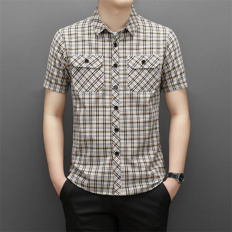 Summer New Short Sleeved Workwear Shirt, Men\'s Slim Fit Plaid Striped Button Pocket, Flip Collar, Summer Casual Fashion Shirt