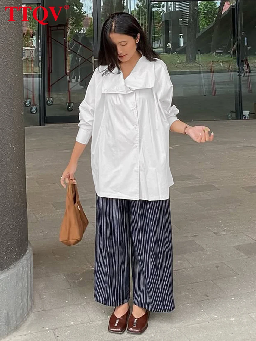 TTQV Blus Wanita Katun Putih Longgar Musim Semi 2026 Kemeja Lengan Panjang Turtleneck Fashion Pakaian Wanita Atasan Solid Klasik Elegan