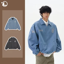2025 Spring Trendy Mens Tops Letter Printing College Unisex Sweatshirt Street Fashion Loose Washed Lapel Male Pullover New