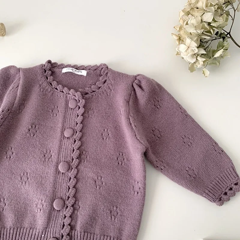 Autumn Winter Baby Girl Purple Knitted Sweater Girls Sweet Cardigan Coats Children\'s Sweater Outwear Tops Kids Clothing