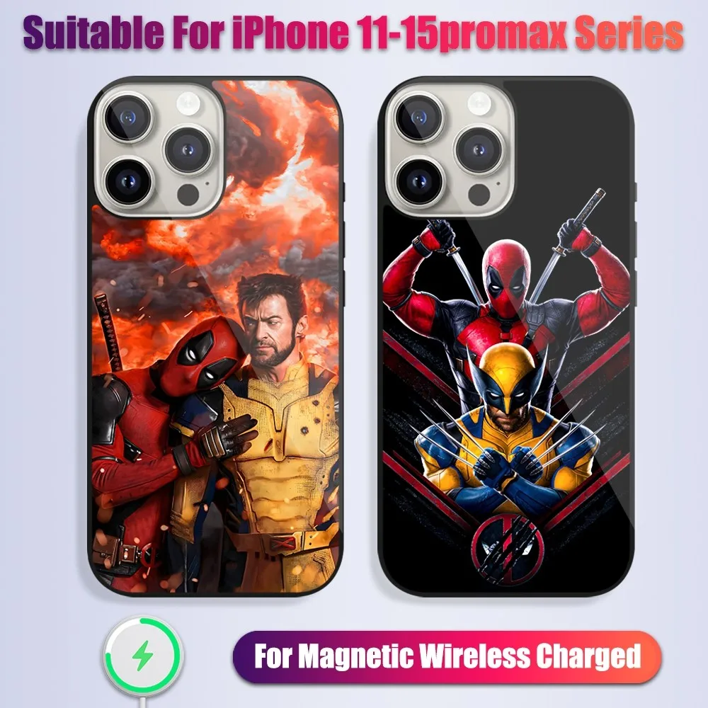 MINISO Deadpool W-Wolverine Phone Case For iPhone 13 14 15 11 12 Pro Max Plus Glass Charging Magsafe Magnetic Cover