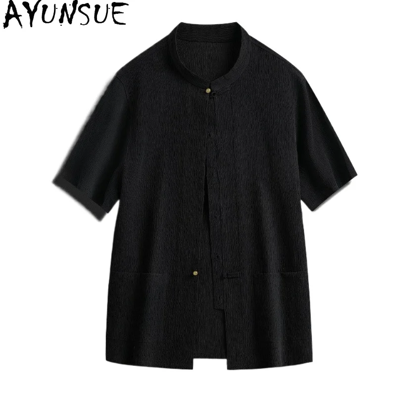 AYUNSUE High-end 100%Natural Mulberry Silk Shirts for Man Luxury Summer Top Short Sleeve Shirts Men Clothing Fashion Black Shirt