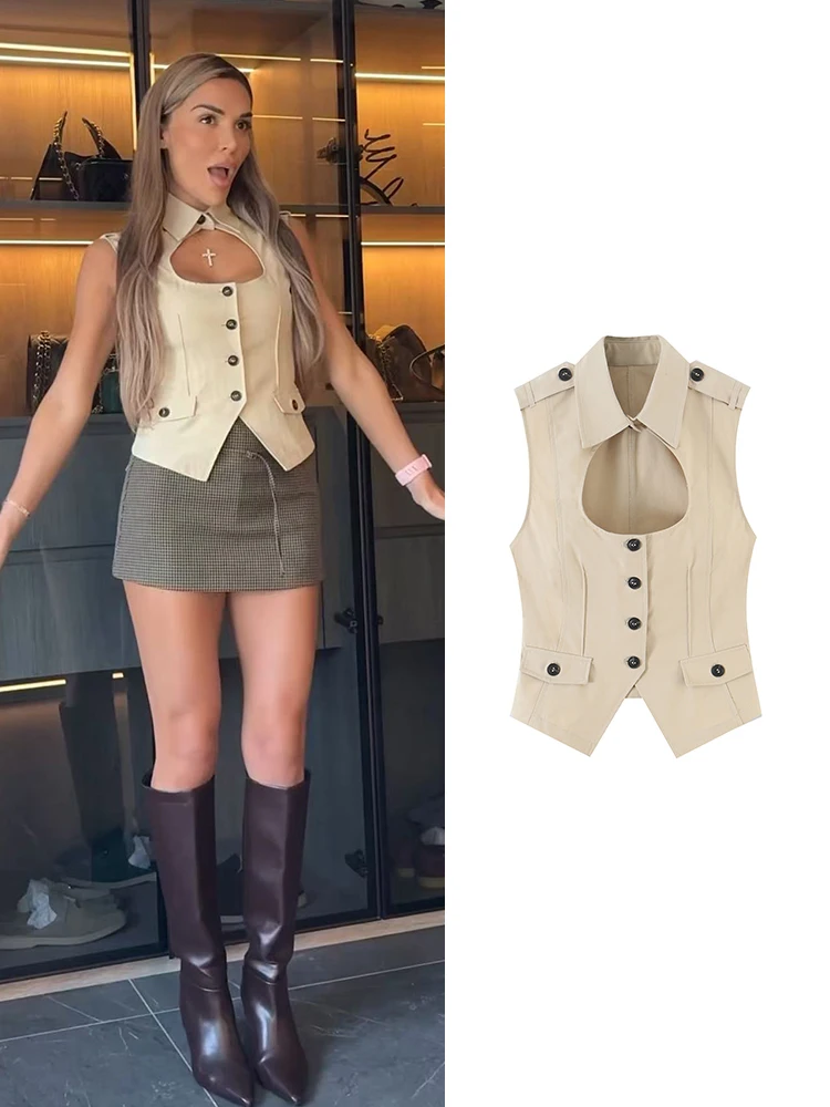 TFMLN 2026 Women's Sleeveless Vest Single Breasted Front Cut Out Design Casual Elegant New Solid Color Female Chic Tank Top