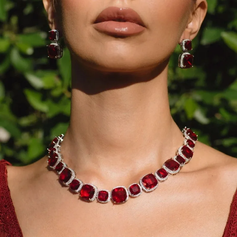 

Red Diamond Jewelry Bridal Accessories High-End Square Jewelry Fashion Elegant Trendy Personality Necklace Earring Set