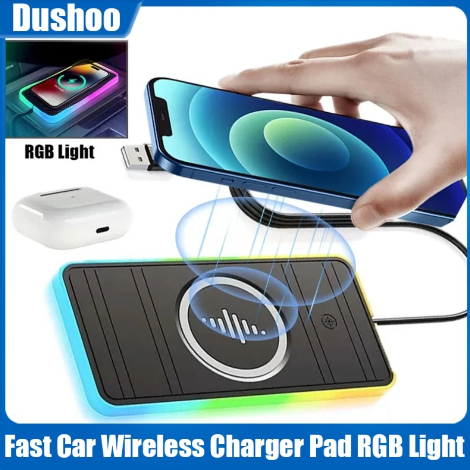 

Автомобильное беспроводное зарядное устройство с RGB-подсветкой, быстрая беспроводная зарядная панель для телефона USB-A для iPhone 16, 15, 14, 13, AirPods Samsung S25 S24 S23 Xiaomi *