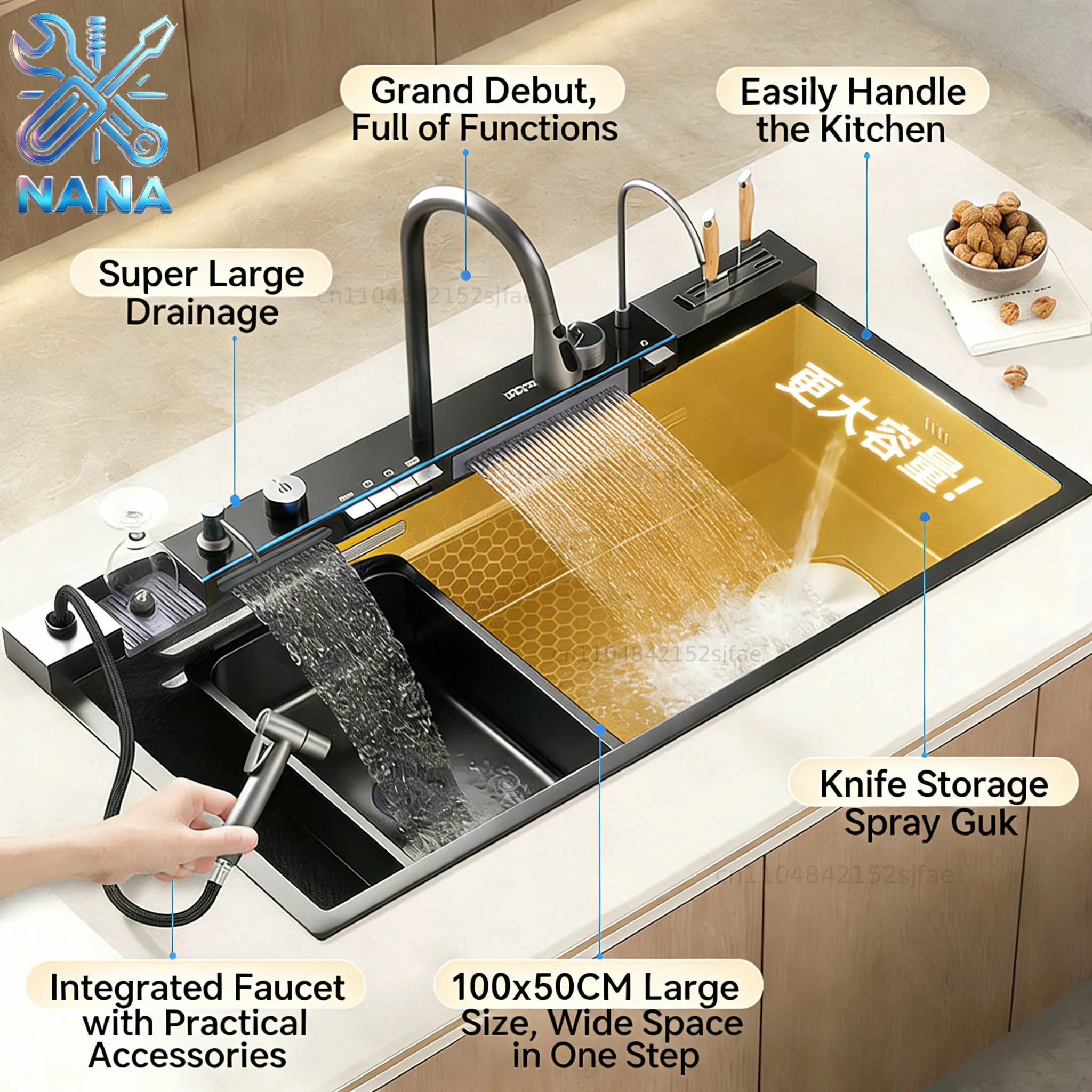 Stainless Steel Waterfall Kitchen Sink Embossed Large Single Slot Household Vegetable Basin Dishwashing Sink Left Side Drainage
