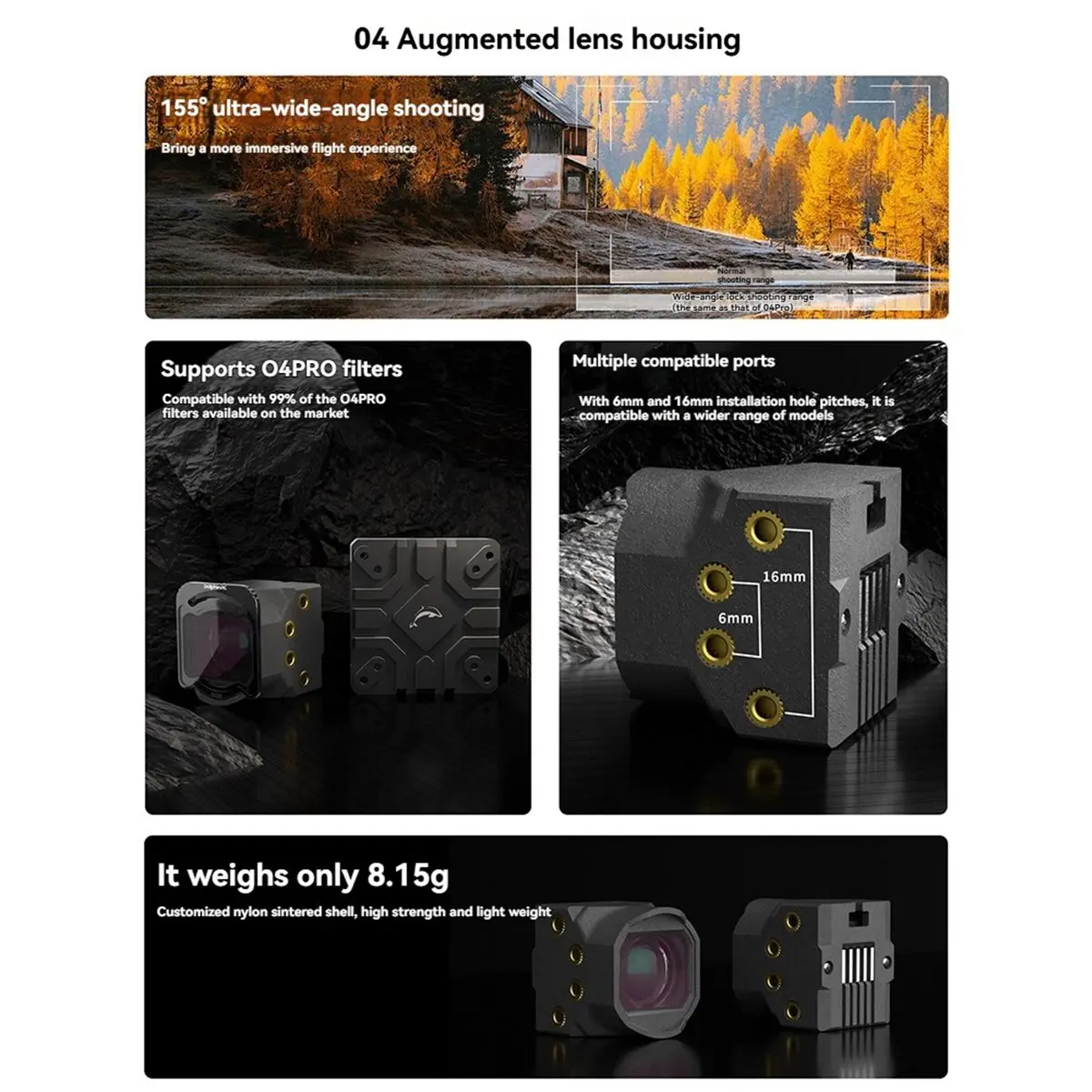 

Wide Lens Housing for O4 Pro 155° POV 6mm and 16mm Mounting Hole Spacing Lens Cover Modification Parts