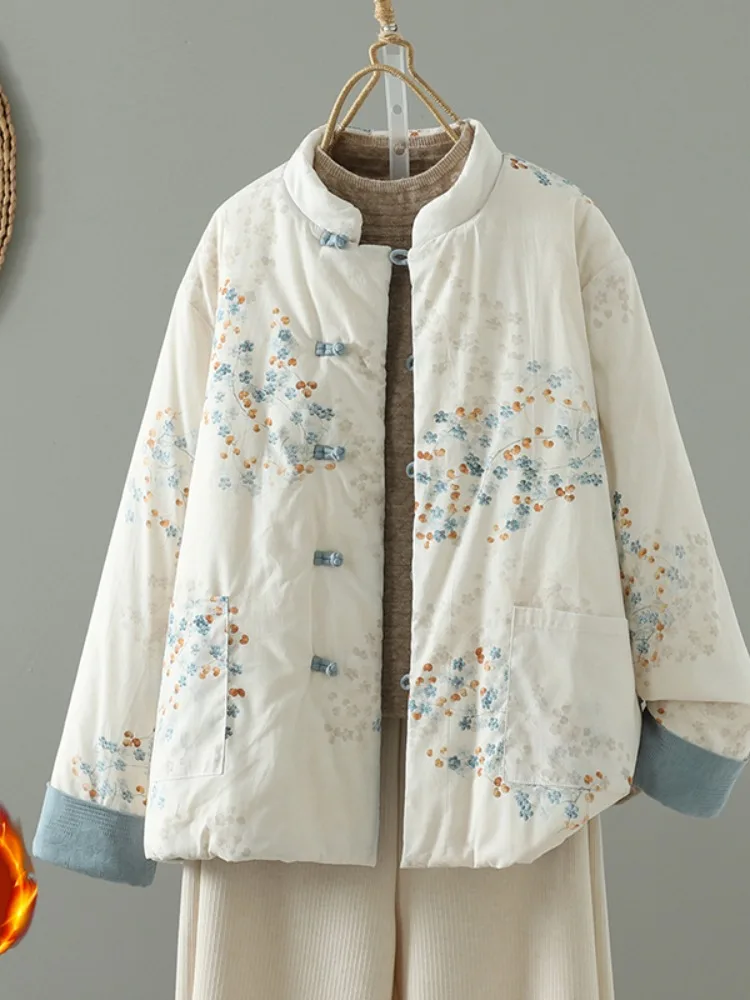 

Thickened Pure Cotton Floral Print Jacket Women's Winter Handmade Cotton Padded Stand Collar Double-Sided Wear Outerwear
