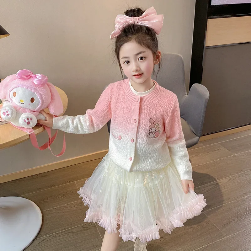 Anime Sanurgente-Ensemble de robe cardigan pour enfants, manches longues brodées, jupe en maille en Y, Kuromi Cartoon, My Melody thously, cadeau pour fille, 2 pièces