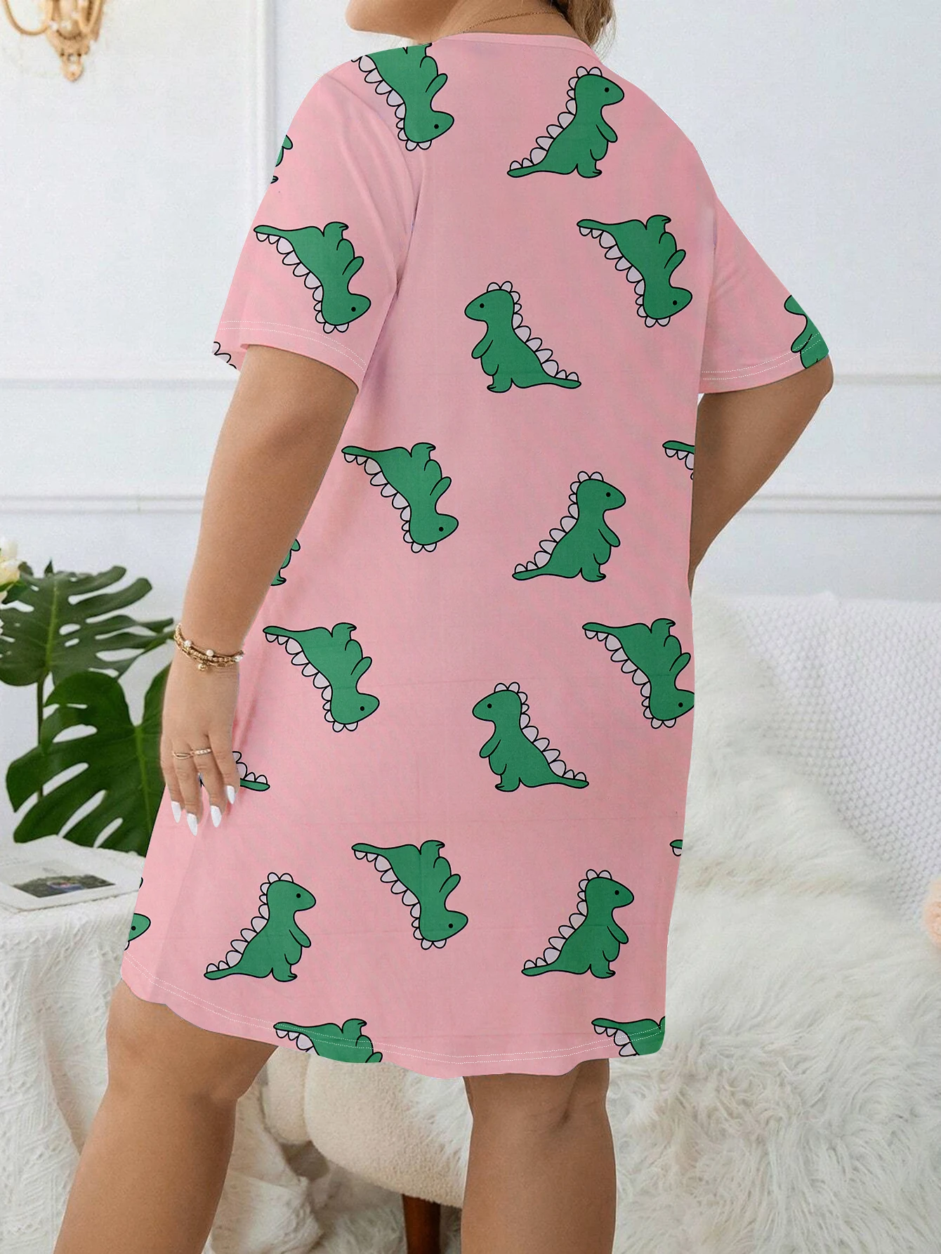 Home dress  casual dress  cartoon dinosaur dress  plus size dress milk silk material 2024 new pajama dress