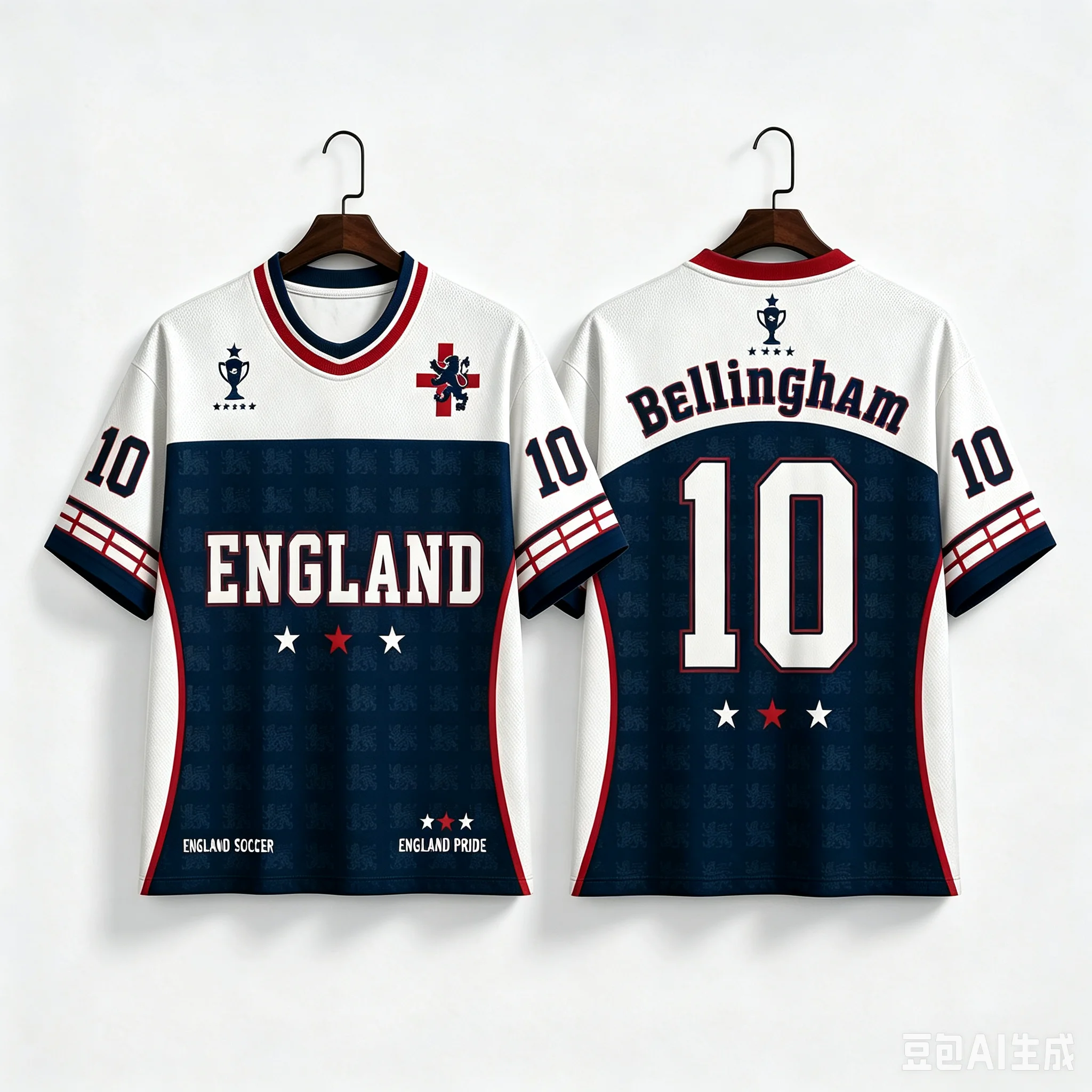 England Fan Retro Jersey, #9 #10 Red White Navy Football Shirt, Lion & Trophy Pattern Breathable Fan Uniform for Men Women Youth