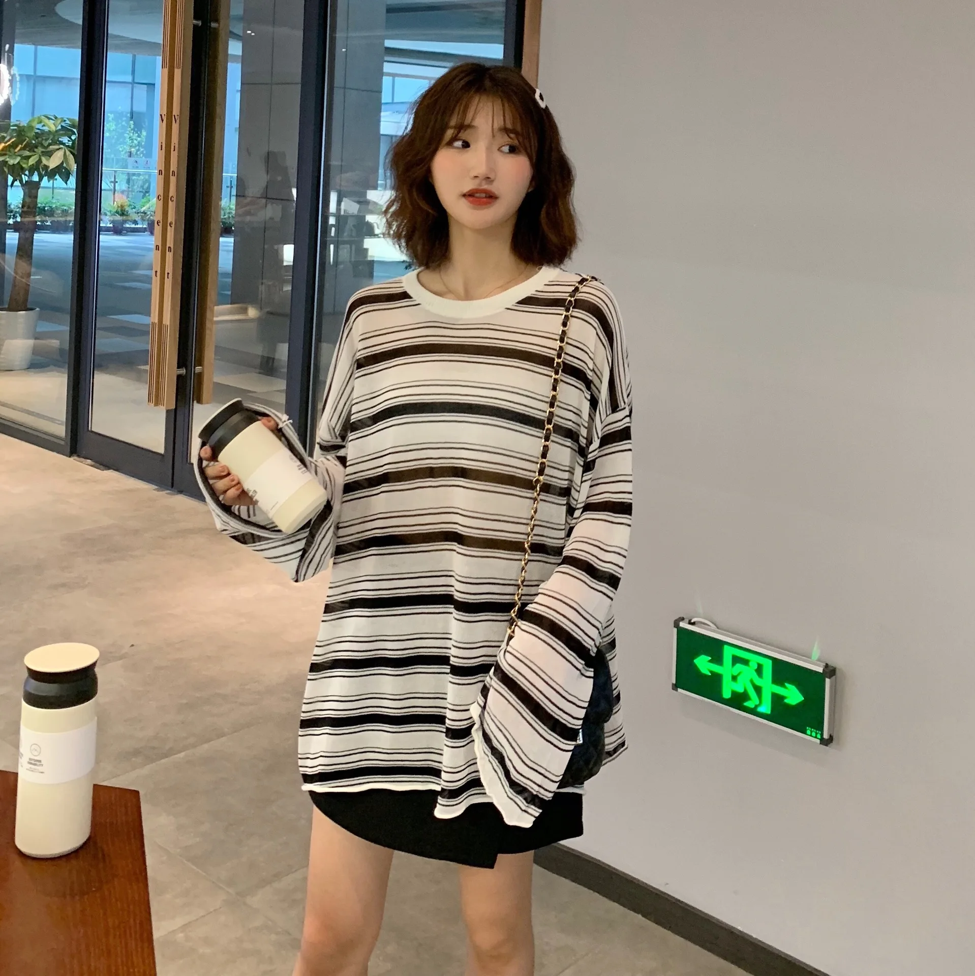 Striped Knitted See-through Summer Top Women's Lightweight Loose Fit Base Layer Shirt Casual Korean Style Sun Protection