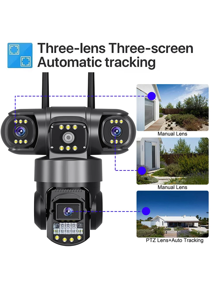 WiFi-Kameras 12MP 6K Dreifach-Objektiv Outdoor Wasserdichte CCTV-Videokamera Smart Home Sicherheitsschutz Farbnachtsicht Bewegungserkennung Heimsicherheit Überwachung V380 Pro IP-Kamera