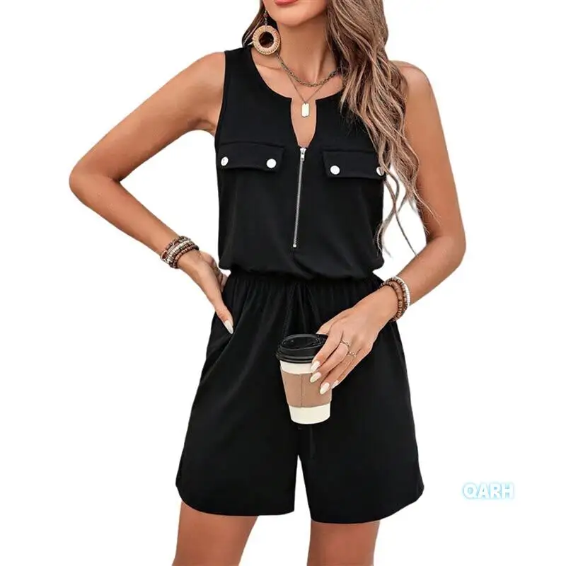 여성 여름 민소매 지퍼 포켓 캐주얼 반바지 점프수트
