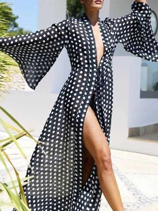 Polka Dots  Beachwear Suit Poncho 2023 Fashion Kimono Women Beach Exit Swimwear  Deep V  Swimsuit Sexy / New Bathing Suits