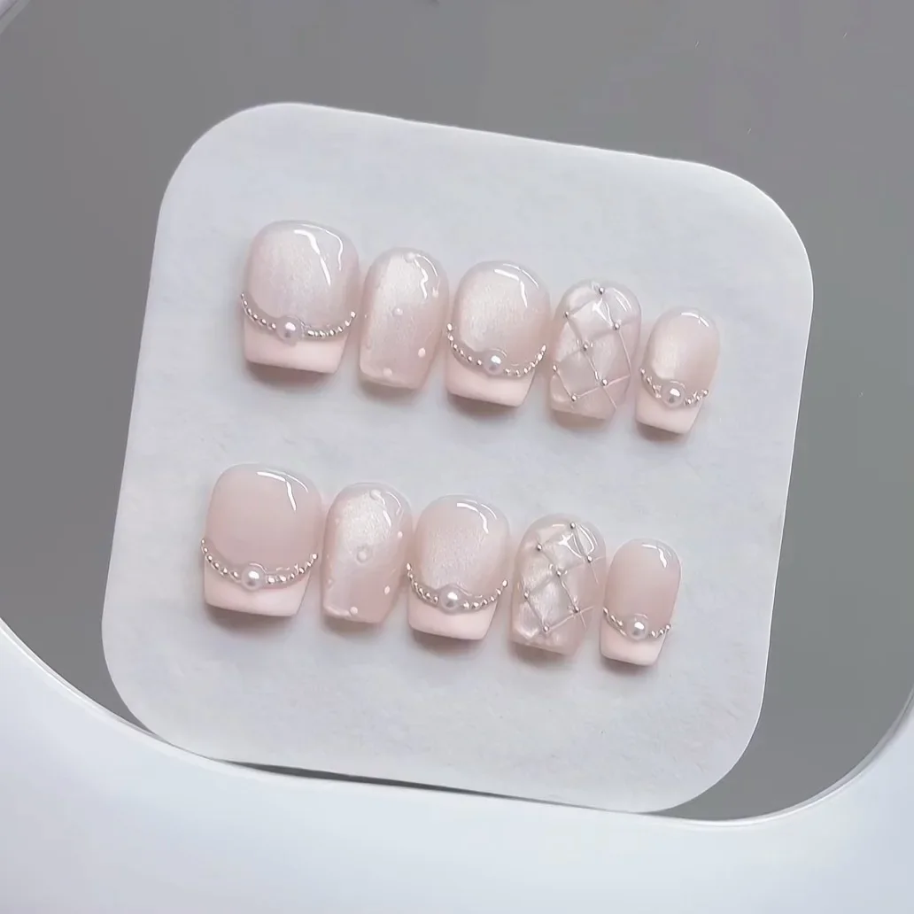 

10pcs of Handmade Pink Polka Dot Pearl Chain Diamond Grid Gentle Sweet Cat Eye French Wear Nails for Women and Girls Daily Wear