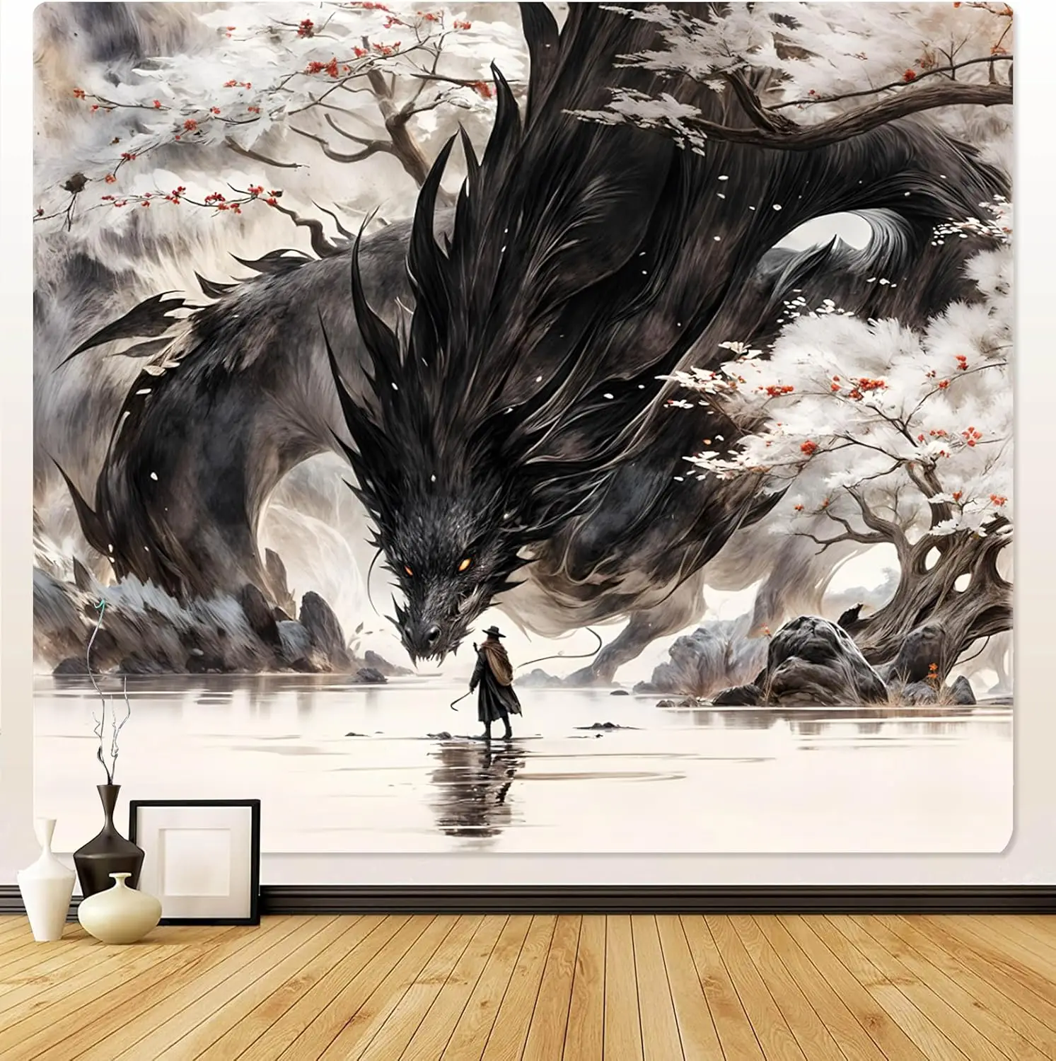 Fantasy World Tapestry,Wall Hanging,Dragon and Human War Mythology Themed Art banners,Shadow Dragon decorations backdrop