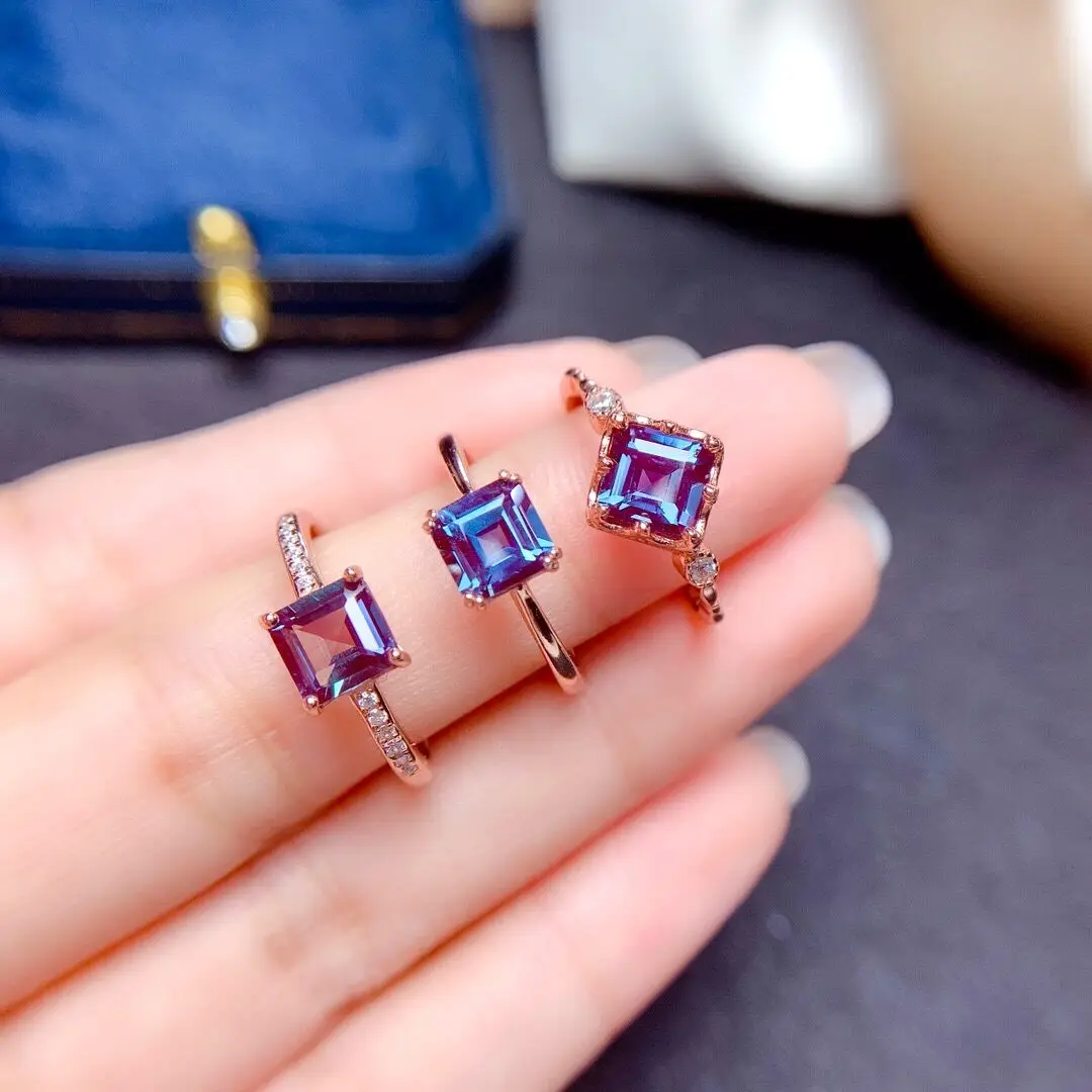 

2022 Luxury Square style Alexandrite Ring 6x6 mm Natural Precious Gem Change Color Solid 925 Silver Jewelry Good gift