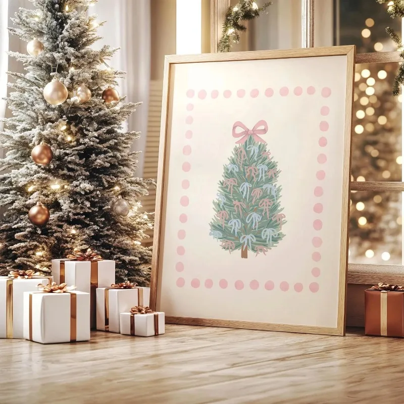 Pastel Pink Christmas Wall Art 3pcs Cute Xmas Tree Wreath Bow Prints Sweet Winter Holiday Home Ornament Unframed Canvas Painting