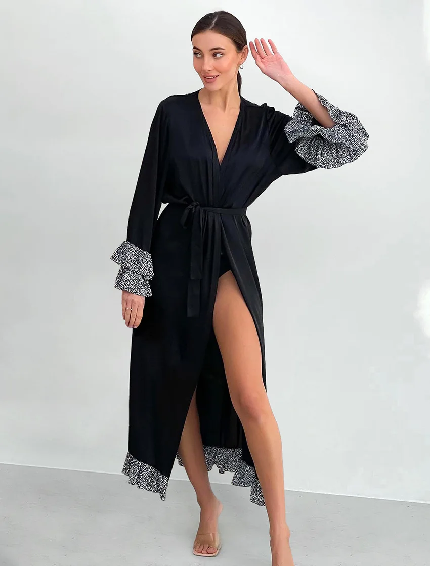 

Autumn black colored cube spliced ​​spotted lace nightgown loose cardigan lace-up women's home clothes
