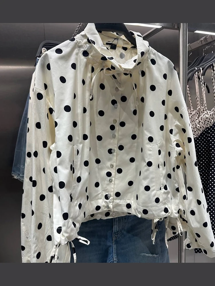 Vintage Polka Dot Cropped-Bluse mit Stehkragen, Krawatte am Hals, Kordelzug am Saum, lange Ärmel, lockere Tasche, lässiges Alltagshemd, 5 Farben – Detail 2