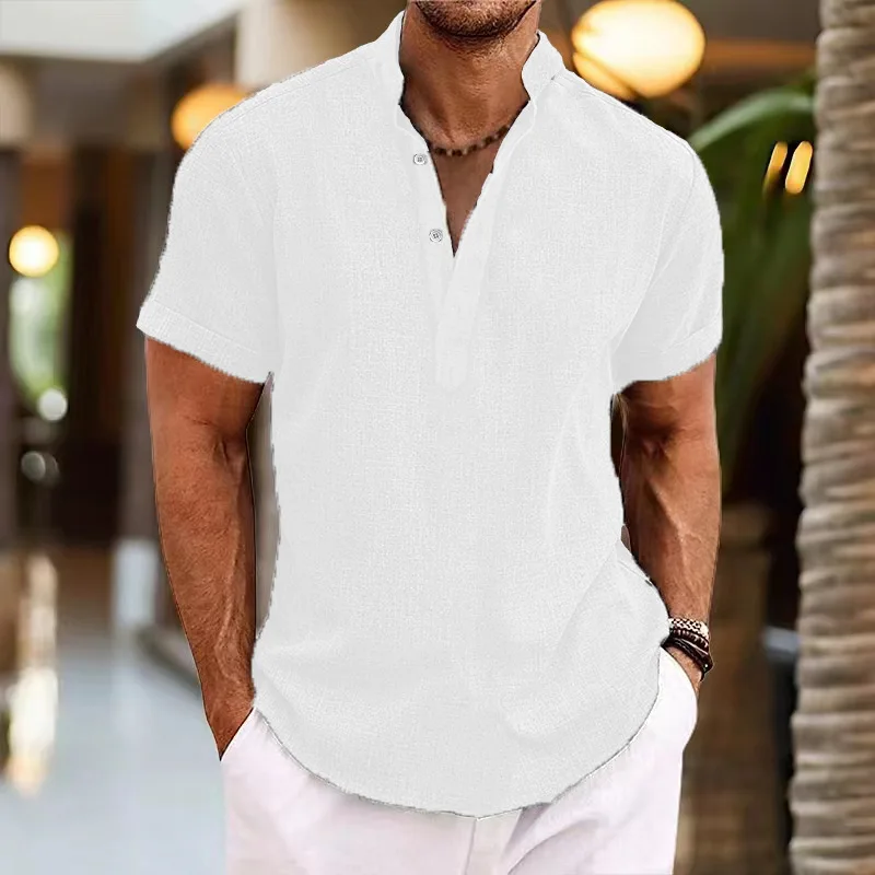 2024 summer trend stand collar solid color short-sleeved shirt button design men\'s casual shirt outdoor street wear handsome top