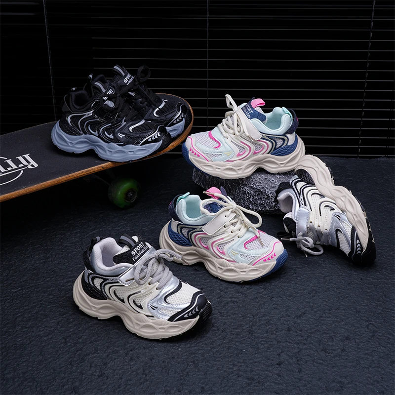 Spring and Autumn Children Sports Shoes Unisex Kids Sneakers Mesh Upper Breathable Basketball Shoes Tennis Casual Flats Footwear