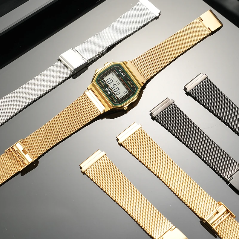 Für Casio A168 A159W-N1 A158WA F91 A1000 AE1200 1300 Serie Retro kleines quadratisches Milanese Armband aus Edelstahlgeflecht