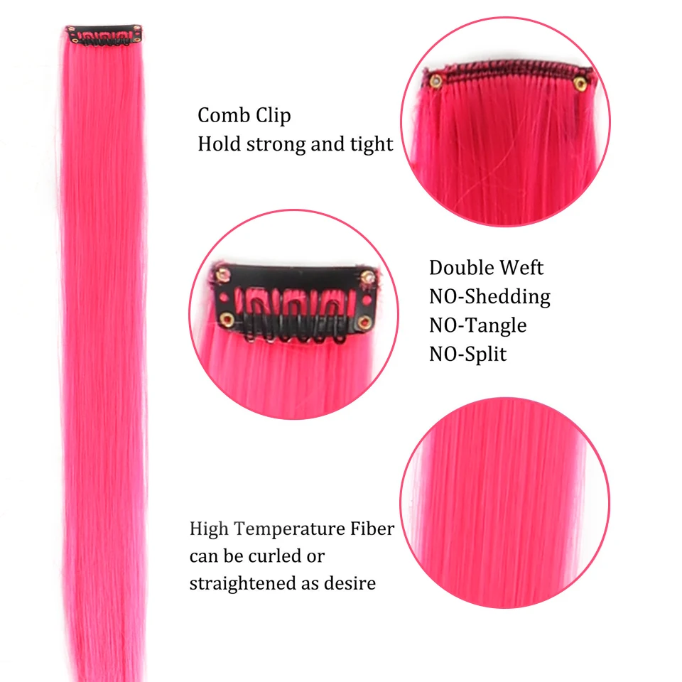 5PCS Long Straight Synthetic Purple Orange heat-resistant Hair Extensions Clip in 24 Inch Colored Party Highlights Hairpieces fo