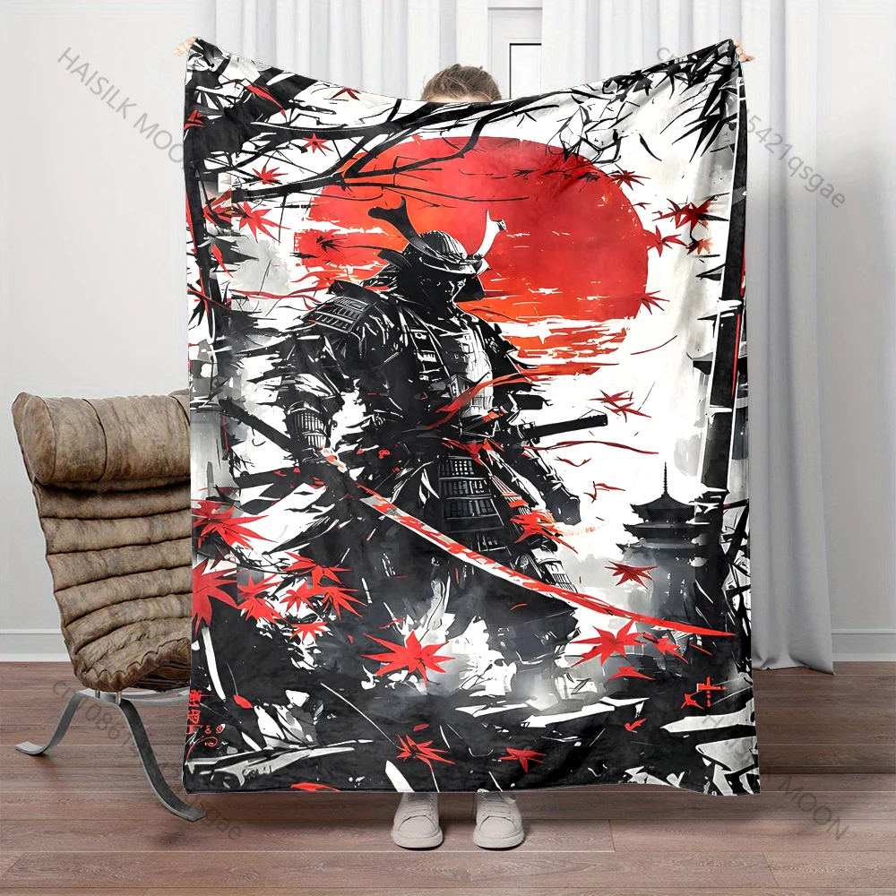 Samurai red sun maple leaves Print Blanket Warm Soft Fluffy Kids and Adult Sofa Bed Throw Blanket Outdoor Travel Camping RV