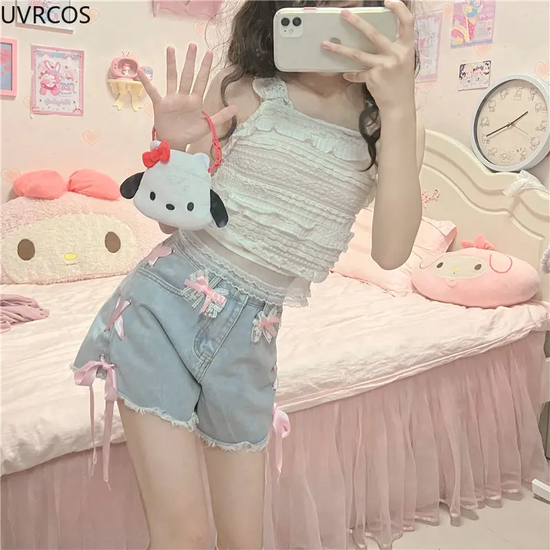 Imagem -03 - Shorts Jeans Kawaii de Cintura Alta para Mulheres e Meninas Estilo Coreano Jeans de Renda Rosa Calça Curta Doce Lolita Laço Casual Verão 2023