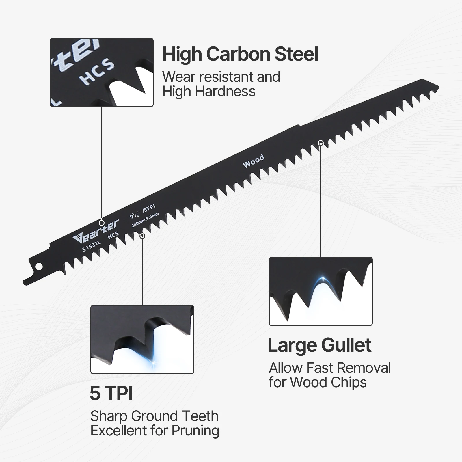 Vearter 5 Pçs/set S1531L Lâminas de Serra Alternativa 5TPI HCS Sabre Saw 240mm Para Curso de Corte Plactics de Troncos de Madeira úmida e úmida
