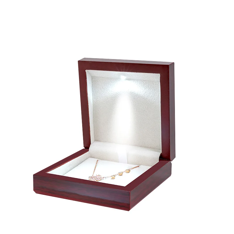 New Arrivals Wooden Wedding Ring Pendant Jewelry Box with LED Light Small Trinket Jewellery Gift Storage Display Case