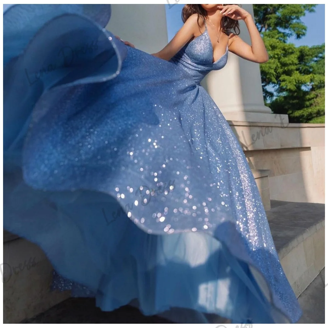 Lena Shiny Women Evening Dress Gown Blue Ladies Dresses for Special Occasions Spaghetti Straps Elegant Womens Party Dresses Gala