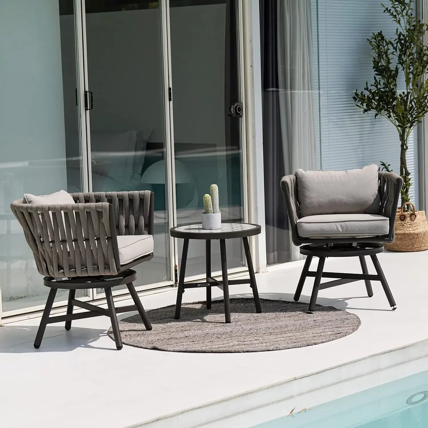 

Dining Chair Set of 3, Swivel Rope Armchairs with Cushions and Round Side Table with Tile Tabletop, Wicker