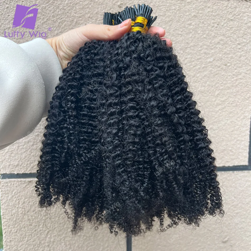 Ekstensi rambut ujung I rambut manusia asli bundel sambungan mikro rambut fusi Remy Mongolia ikal Afro untuk wanita hitam wig Luffywig