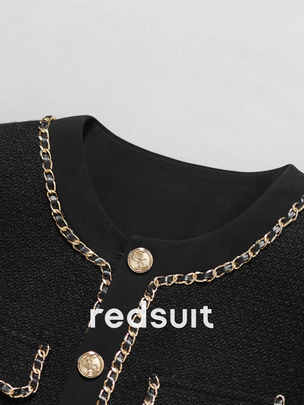 New Classic high-end black chain decoration woven tweed jacket, slimming top Custom Size