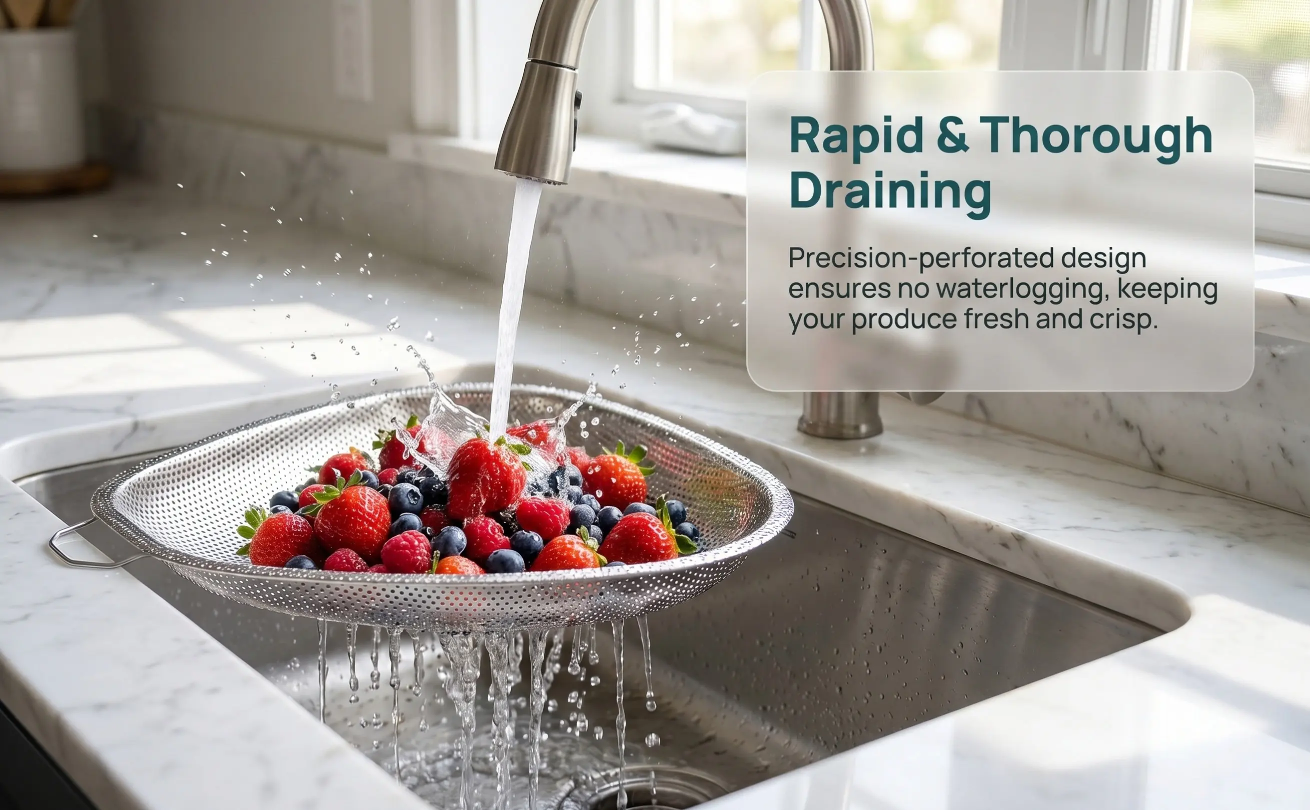 Kitchen Stainless Steel Colander Fruit Vegetable Washing Basket Drain Strainer No Burr Comfortable Grip Practical